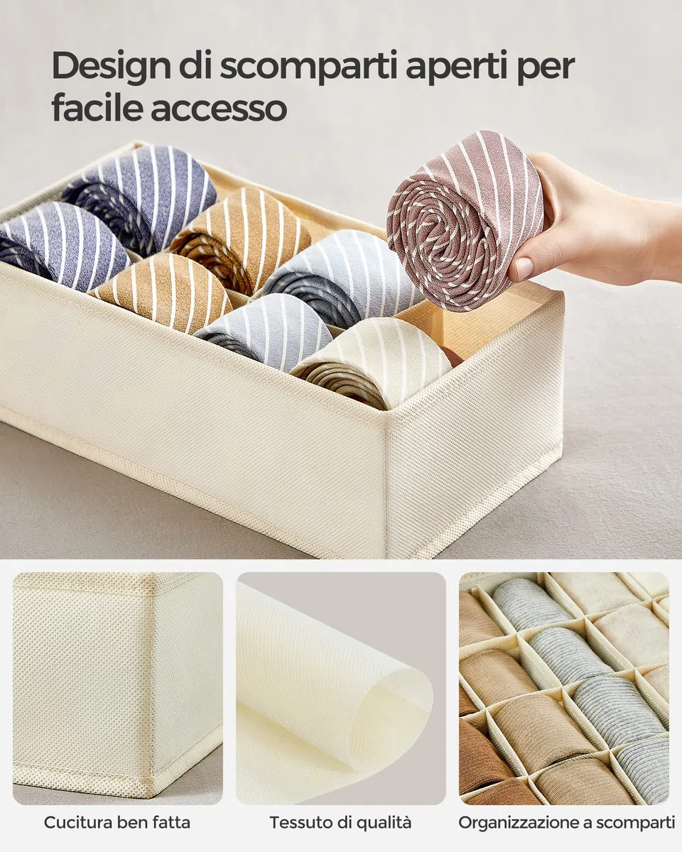 SONGMICS Set di 8 Divisori per Cassetti, Organizzatori per Biancheria Intima Pieghevole, per Reggiseni Mutande Calzini Cravatte, Scatole Portaoggetti in Tessuto per Armadio, Beige RUS008M01