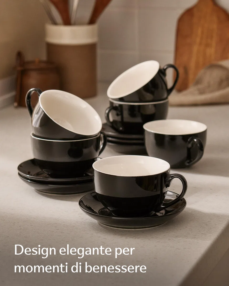 Cosumy Set Tazzine Caffè 6 Pezzi - Tazze Cappuccino Nere con Piattini - Tazzine Caffe Particolari in Ceramica - Tazze Colazione & Tazze Caffè - Lavabili in Lavastoviglie - Scatola Regalo - 180 ml