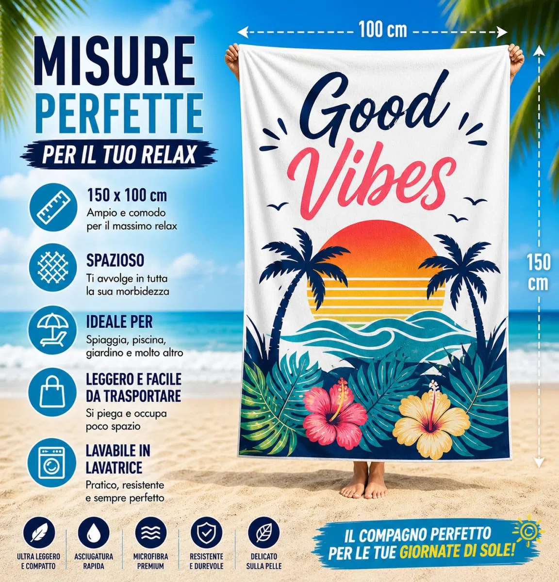 Telo Mare Personalizzato – Stampa Nome o Testo | Morbido, Assorbente e Ultra Leggero | Perfetto per Spiaggia, Piscina e Bagno