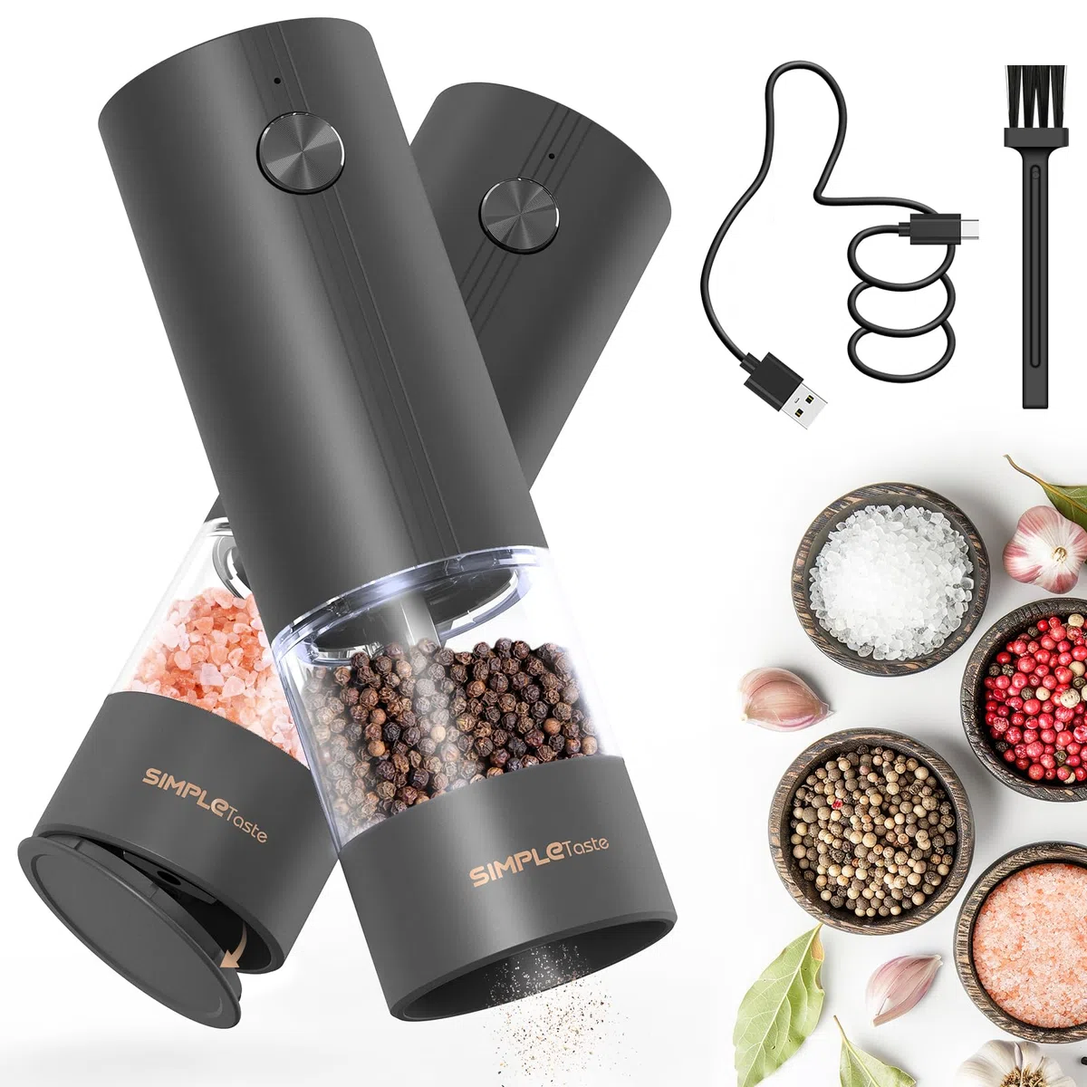 SIMPLETASTE Macina Sale e Pepe Elettrico Ricaricabile con Luce LED e Coperchio Antipolvere, Macinino Automatico con Grana Regolabile, Uso con una Mano, Ideale per Cucina, Tavola e Regalo