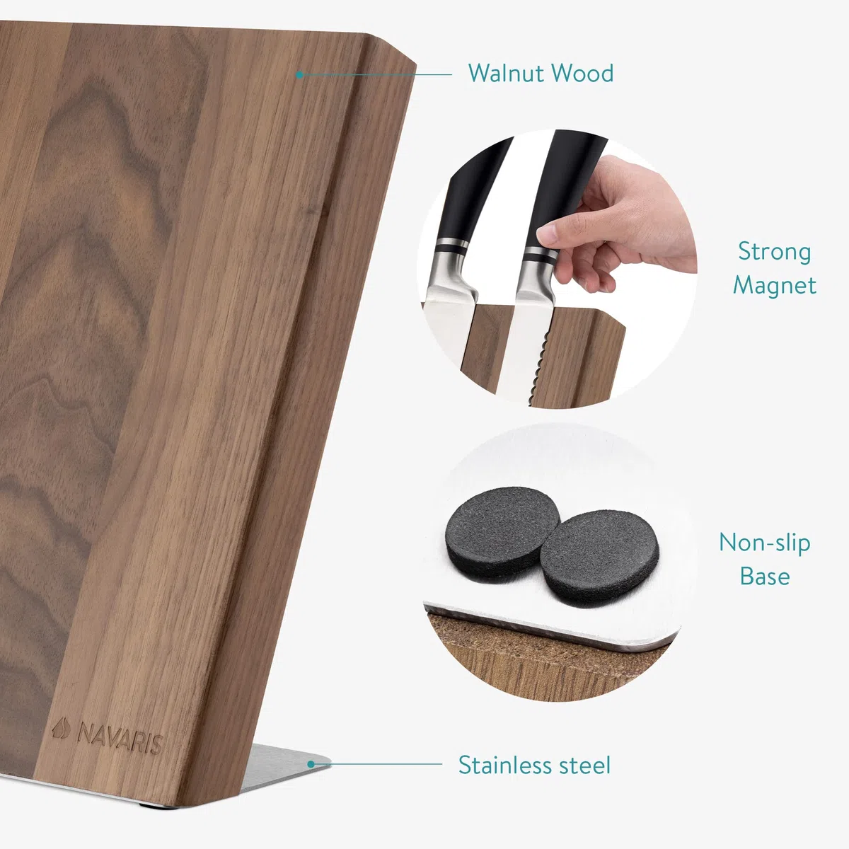 Navaris Porta Coltelli da Cucina Magnetico - Ceppo Portacoltelli Universale 27,7x27,5cm Tavoletta Magnetica Salvaspazio Utensili - Legno Noce Marrone