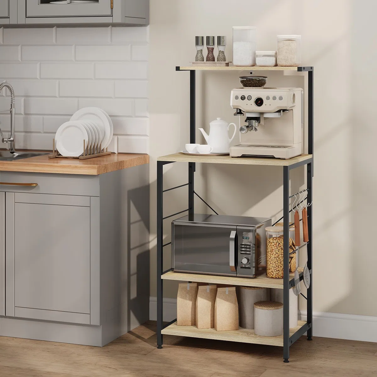 WOLTU Scaffale per Cucina in Acciaio Legno 4 Ripiani Carrello per Microonde Scaffalature Organizzatore 60x40x123 cm