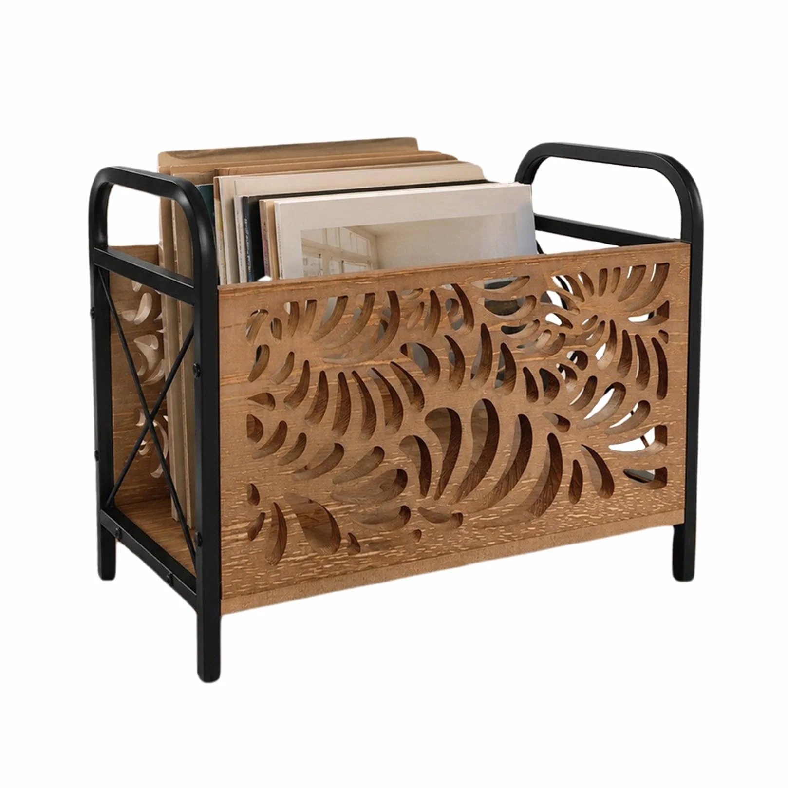 33.5X26X17Cm Portagiornali in Legno Portariviste Moderno Elegante Motivo a Scheletro Portacorrispondenza Cestino Portaoggetti Multifunzionale Per L'Ufficiola Casa e Soggiorno
