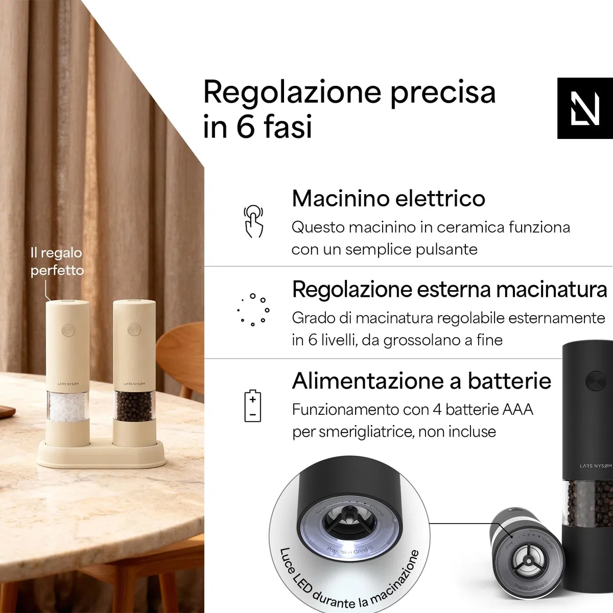 LARS NYSØM Set Macina Sale e Pepe Elettrico | Macinapepe e Macinasale Automatici con Macina in Ceramica Regolabile | Macina Spezie a Batteria (Carbon Black)