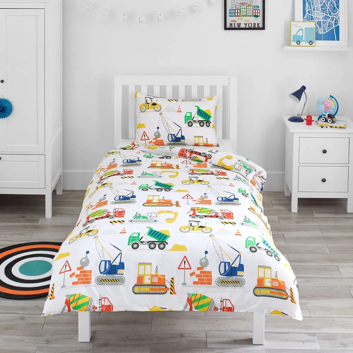 Bloomsbury Mill - Set Copripiumino Singolo Bambino e Bambina - Escavatrici, Camion e Gru - Lenzuola Letto Singolo Reversibile - Set di Biancheria da Letto per Bambini - 135x200cm e Federe