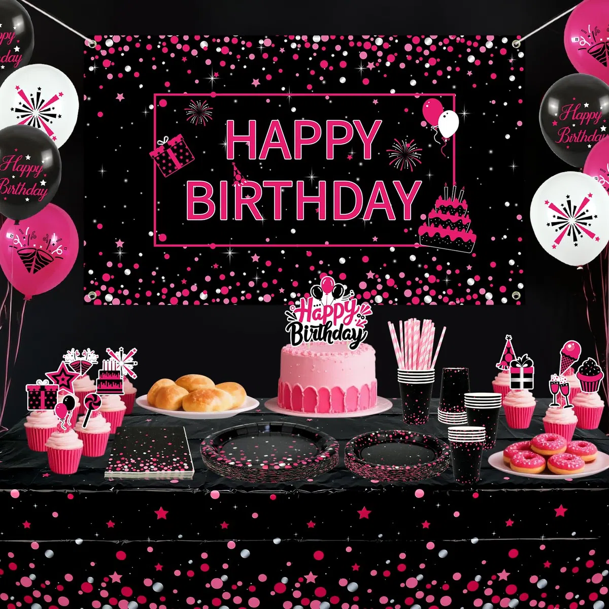 Decorazione di compleanno rosa e nero - accessori per feste in rosa e nero, tra cui sfondo, piatti, decorazioni per torte, bicchieri, tovaglioli, palloncini, tovaglie, per 20 persone (BJ)