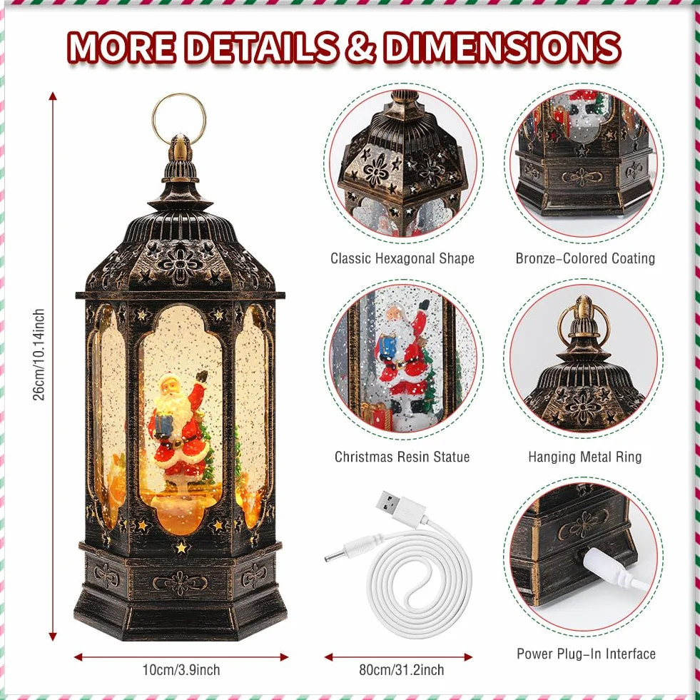 Christmas Lantern,LED Music Lantern with Christmas Snow Globe,Christmas Lantern Retro Christmas Decorations Home Decoration,USB Socket or Battery Powered...