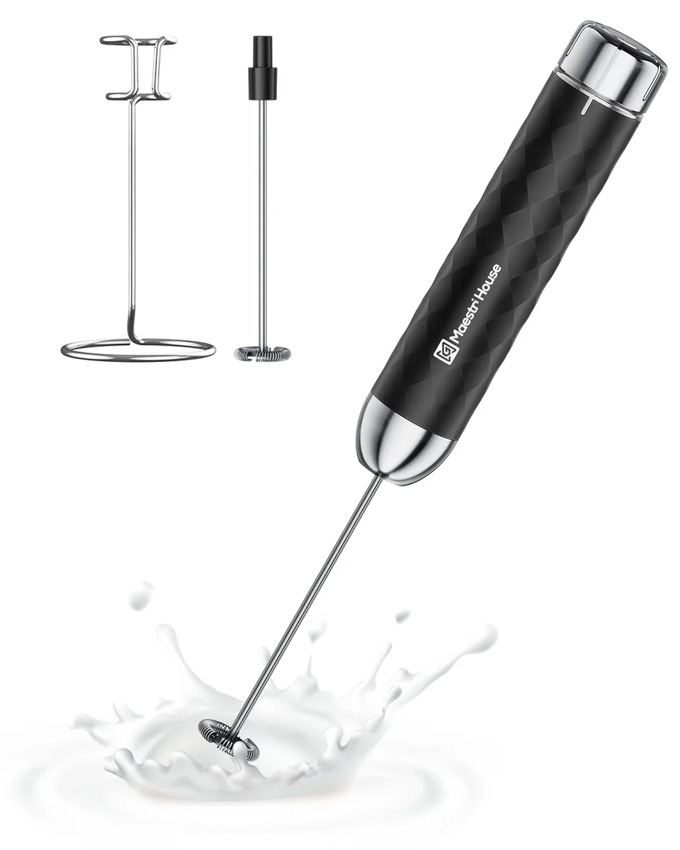 Maestri House Montalatte, Frusta elettrica con regolazione continua della velocità, Frullatore ricaricabile con frusta e supporto in acciaio inox, frullatore per bevande per matcha
