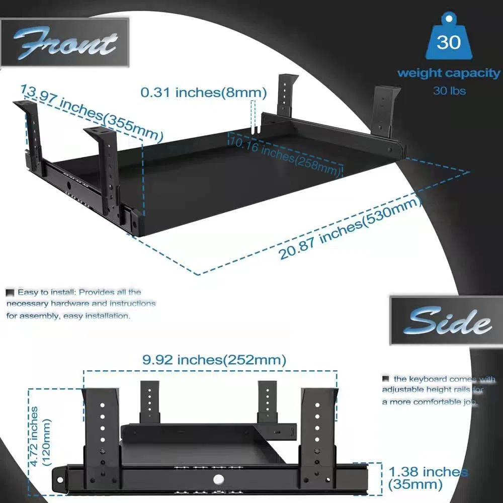 FRMSAET Cassetto per tastiera Vassoio interamente in metallo Materiale 53 cm/ 60 cm/ 76 cm Piattaforma Computer Organizer Home Office Cucina Garage Strumento di archiviazione. (53 cm, nero)