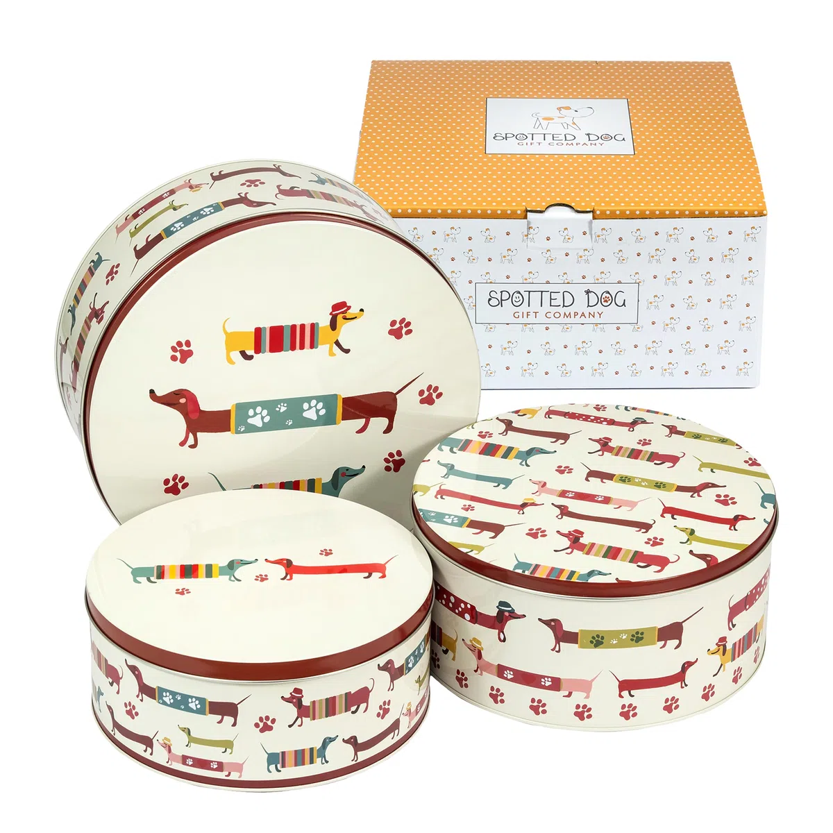 SPOTTED DOG GIFT COMPANY Set di 3 Scatole di Latta, Contenitori Impilabili per Biscotti in Metallo, Barattoli di Latta Rotondi Ermetici per Conservare Torte e Alimenti, Piccola Media Grande - Bassotti