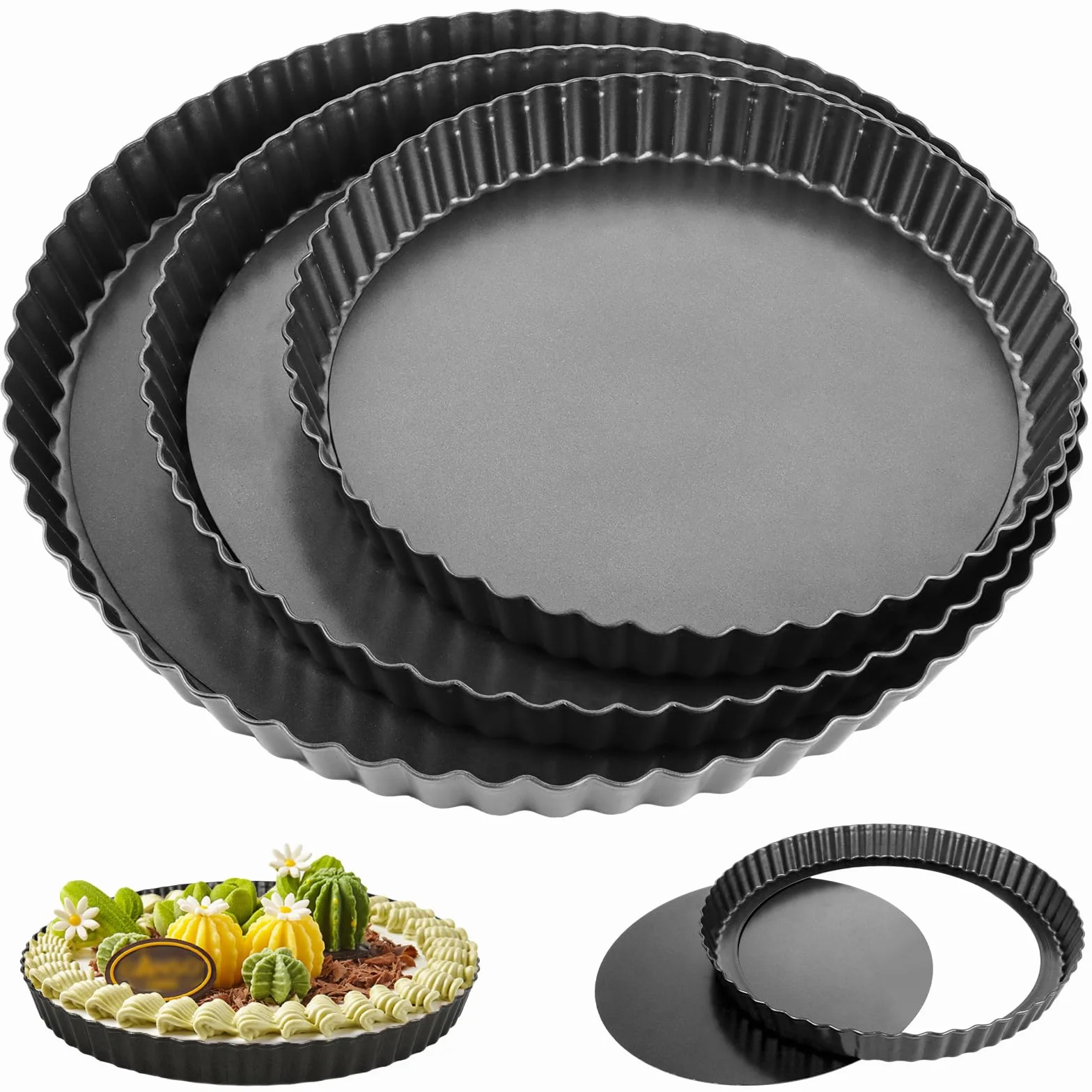 3 stampi per torte con fondo sollevatore, rivestimento antiaderente per quiche, 22/26/30 cm, in acciaio al carbonio per torte e torte