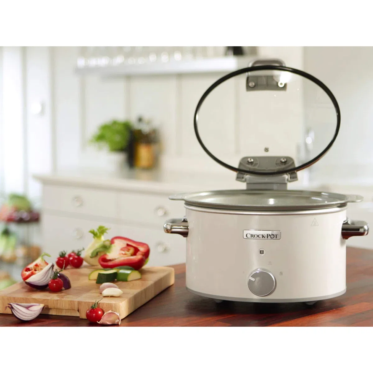Crock-pot Pentola per Cottura Lenta, Slow Cooker, 4.5l, fino a 5 Persone, DuraCeramic, Sauté per rosolare su Gas e Induzione, Coperchio con Cerniera, 2 Impostazioni Cottura e Funzione Warm, Bianco