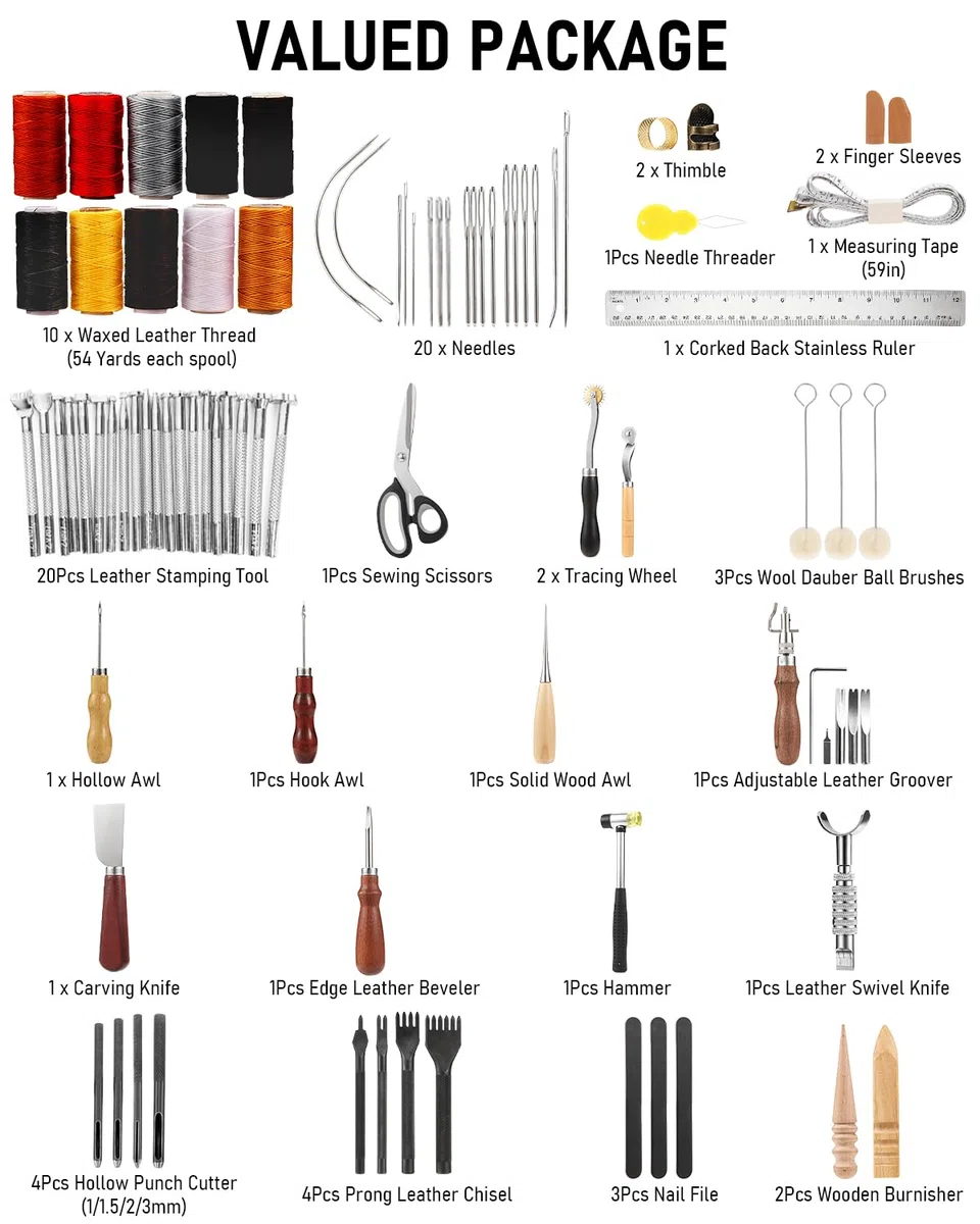 Nicpro Kit di utensili in pelle da 85 pezzi, con custodia personalizzata, strumenti artigianali per adulti, kit per principianti per timbratura, cucito, intaglio, taglio, punzonatura, lavorazione