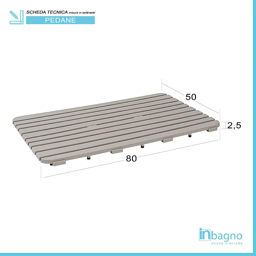 Pedana Doccia Antiscivolo Rettangolare, 80x50x2.5 cm, PP Alta Resistenza Ideale per Interno Esterno (Tortora)