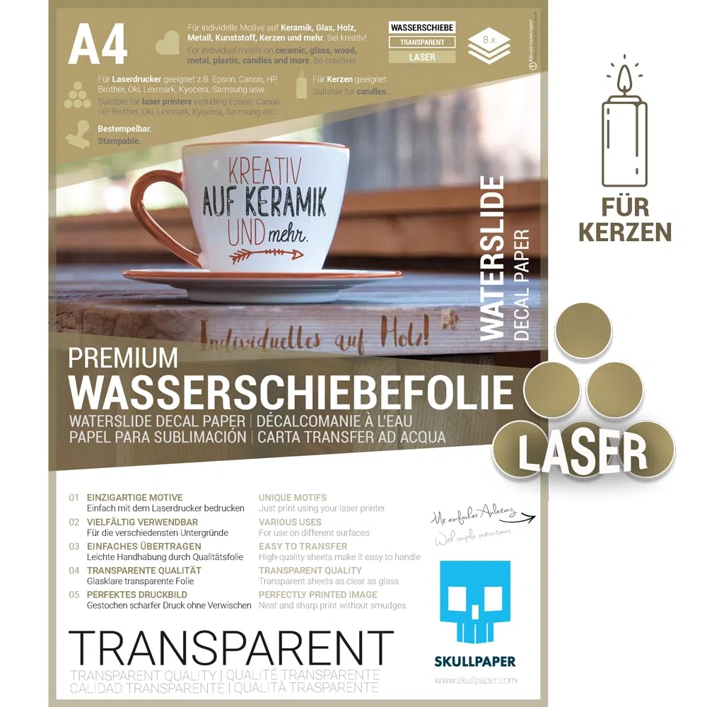 SKULLPAPER® diapositiva ad acqua Film trasparente, sottile carta A4 per ceramica, vetro, legno, candele, metallo, plastica, modellismo - per stampante laser (8 fogli)