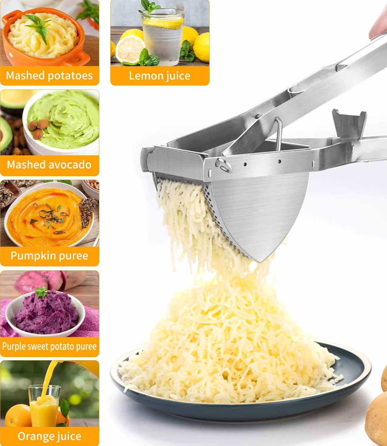 Yulado Schiacciapatate Acciaio Inox con Coltello Per Sbucciare E Spazzola Per La Pulizia, Schiaccia Patate, Spremiagrumi Per Frutta E Verdura, Taglia Patate, Passaverdure, Gadget Per Da Cucina, Potato