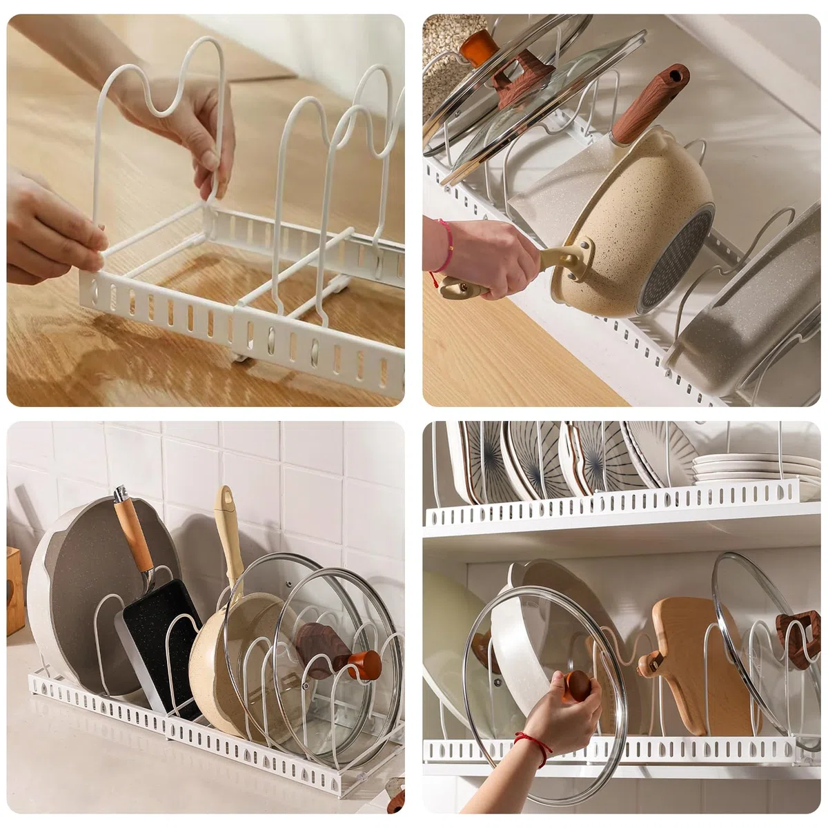 Porta Coperchi Pentole Salvaspazio, Organizer Pentole e Padelle con 10 Scomparti Regolabili, Organizer Cucina, Porta Pentole Salvaspazio da Cassettone, Bianco