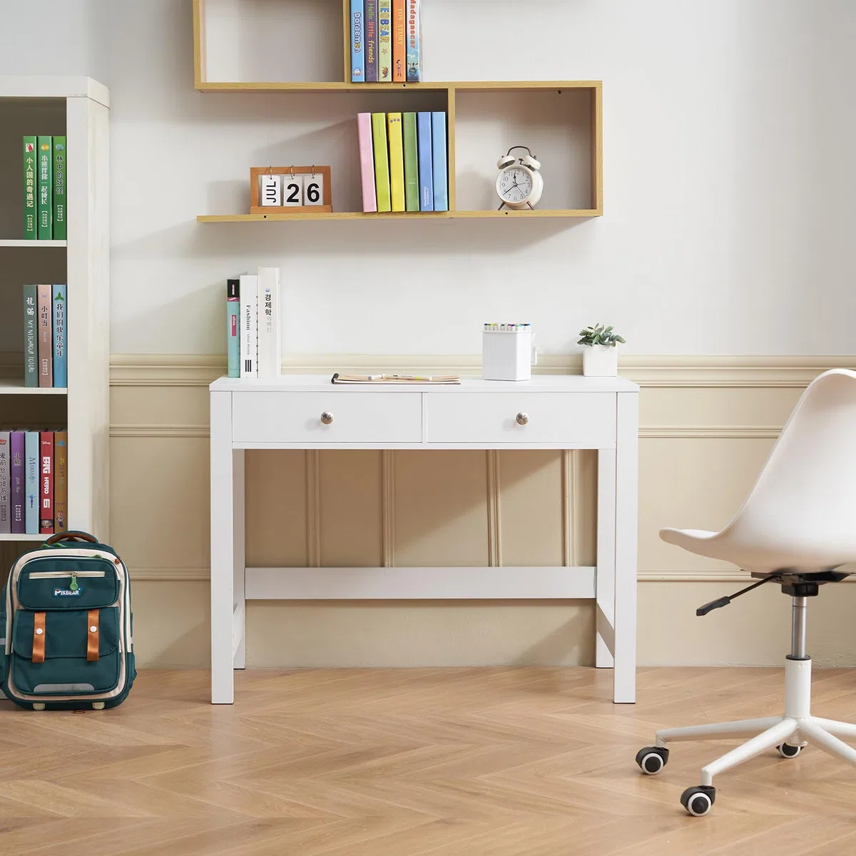 VEVOR Piccola Scrivania con Cassetto, Semplice Tavolo da Lavoro in Legno per Disegnare, Leggere, Tavolo da Lavoro Rettangolare con Spazio di Archiviazione, per Ufficio Studio, Bianco