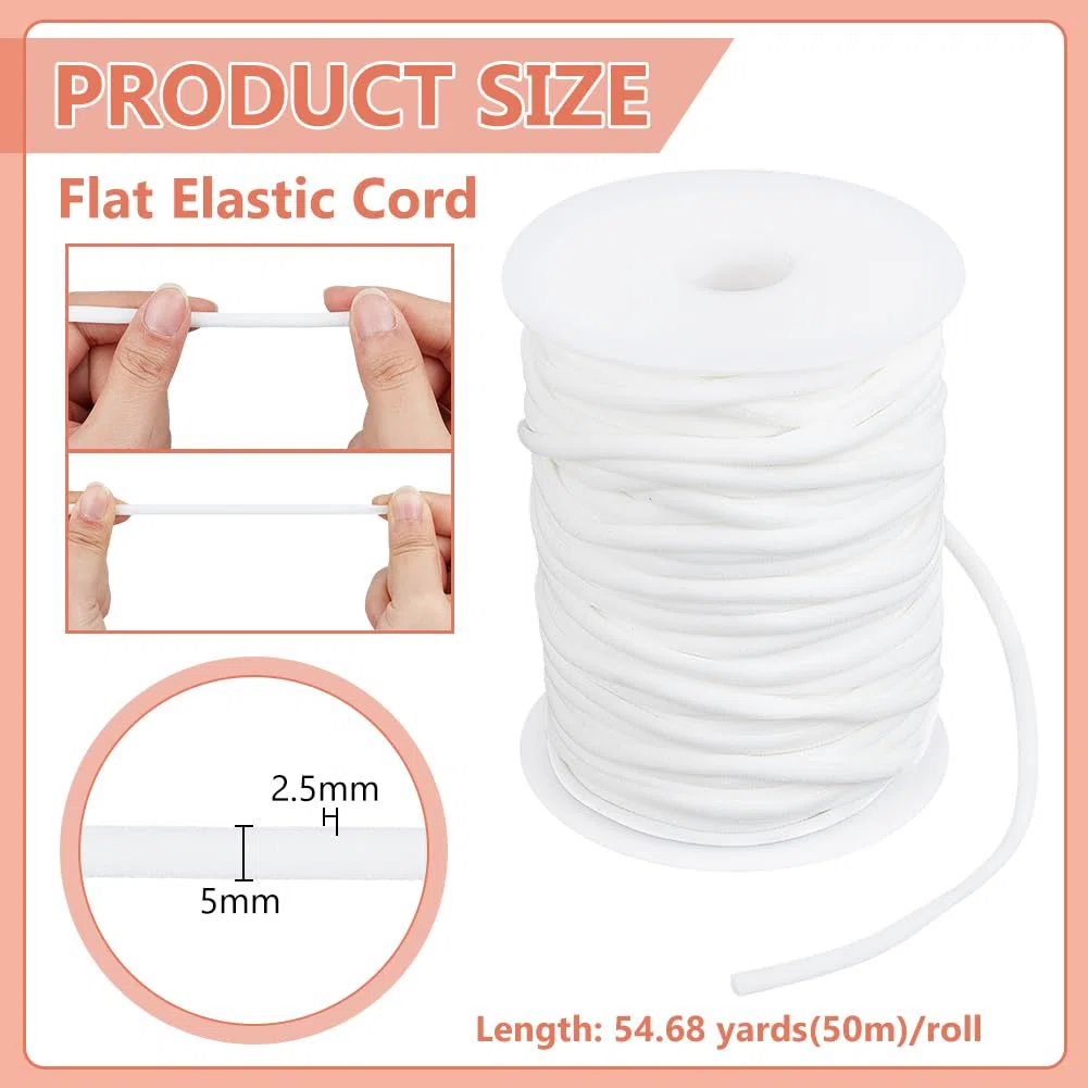 BENECREAT Cordino Elastico Piatto Da 50 m, Corda Elastica Morbida Da 5mm per Cucire con Rocchetto di Plastica per Realizzare Bikini, Costumi Da Bagno e Accessori per Capelli, Bianco