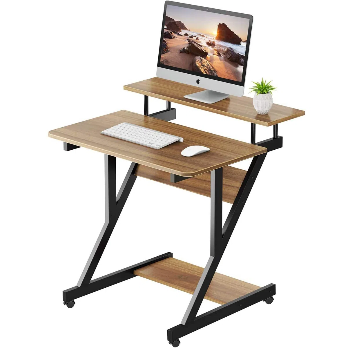 Dripex Scrivania per Computer con Ruote Scrivania 70x60x79 cm Tavolo Porta PC Salvaspazio Z-Tavolo Mobile per Laptop con Ripiani per Piccoli Spazi Home Office (Marrone)
