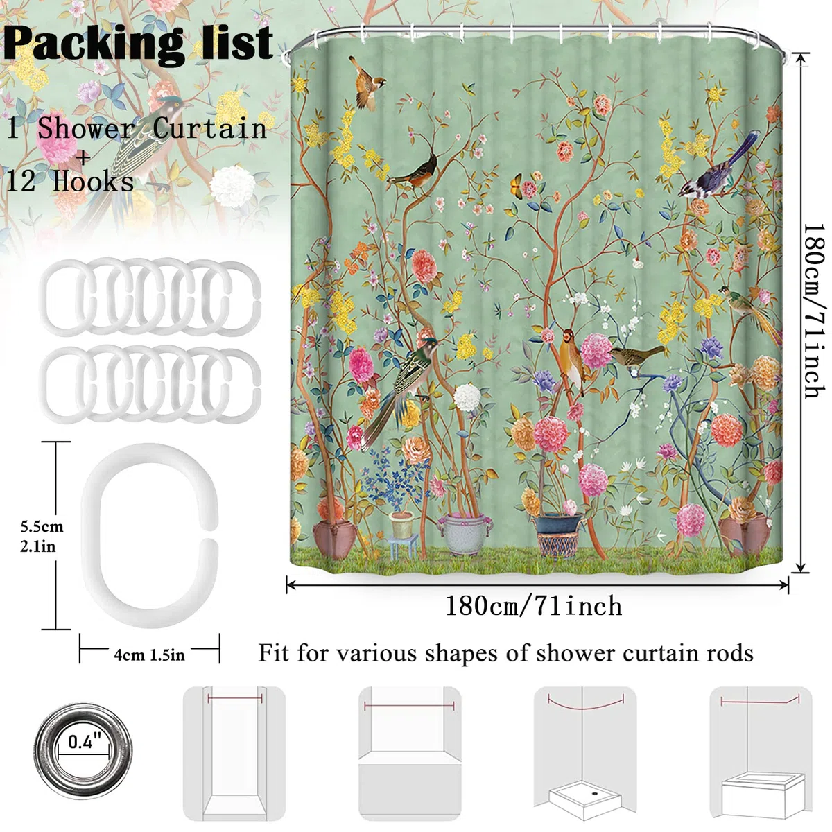 Tenda da doccia verde resistente alla muffa, impermeabile, con 12 ganci, ad asciugatura rapida, 180 x 180 cm, in poliestere, tende da doccia per bagno e vasca da bagno