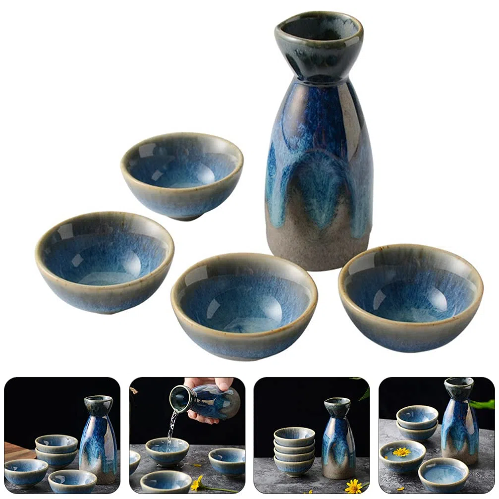 HEMOTON Porcellana Bottiglia di Sake Set Giapponese Tokkuri Sake Pentola con 4 Tazze di Ceramica Tradizionale Bene Che Serve Bottiglia di Vino Caraffa per La Casa Partito