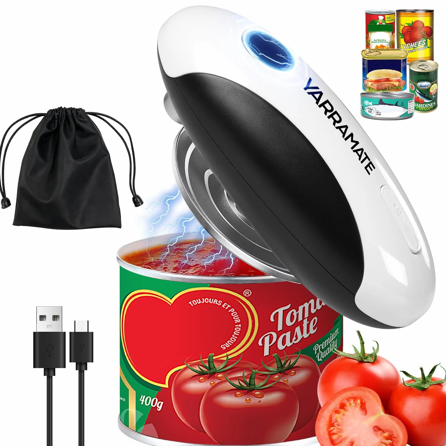 YARRAMATE Apriscatola elettrica ricaricabile – apriporta scatola di conservazione automatica a un tasto, bordo liscio, mani libere per anziani, con borsa portaoggetti, portatile da viaggio campeggio