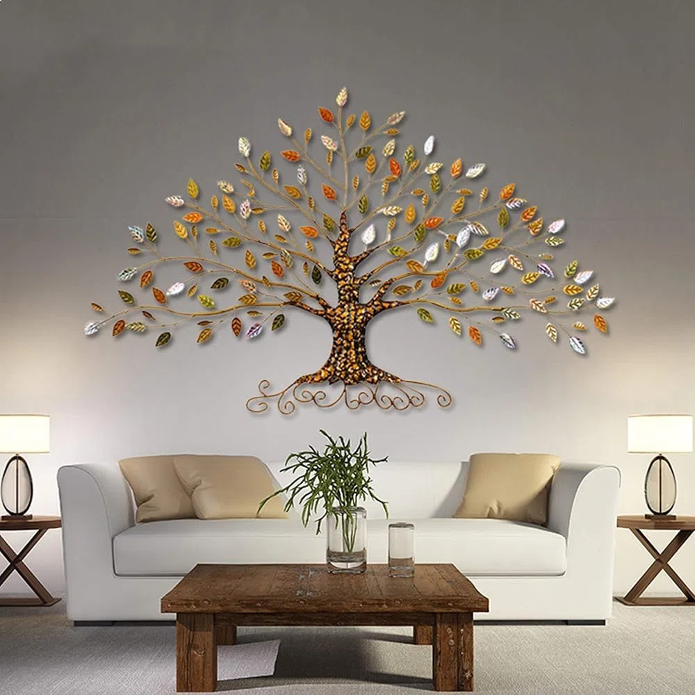 Decorazione da parete in metallo con albero della vita 3D, scultura artistica da parete con foglie a strati, stile lussuoso da appendere alla parete per soggiorno e ufficio