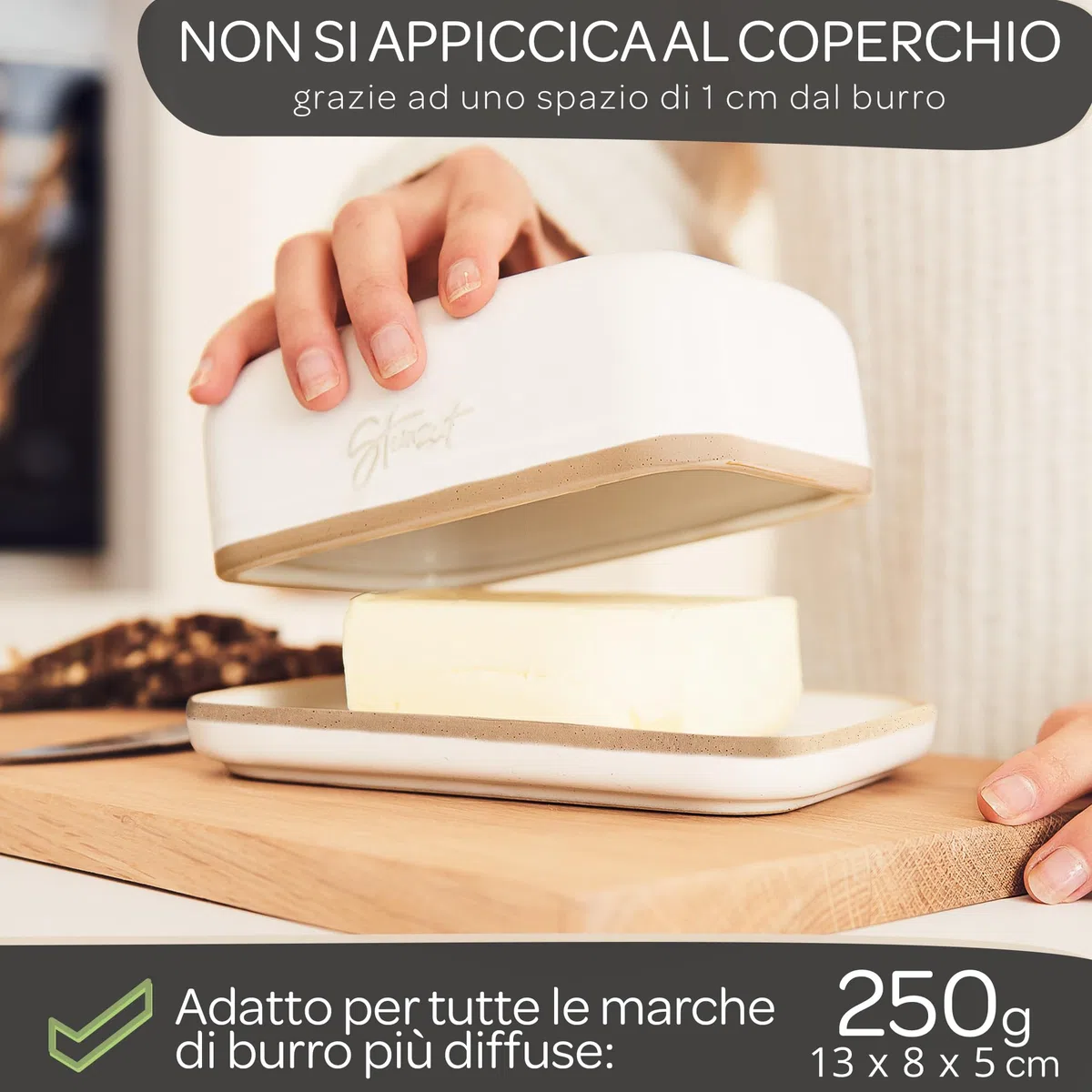 Steinzeit Burriera Design - Porta burro da frigorifero - burriera in ceramica per tutti i tipi di burro comuni (250 g) - Piatto per burro adatto alla lavastoviglie - portaburro da frigo