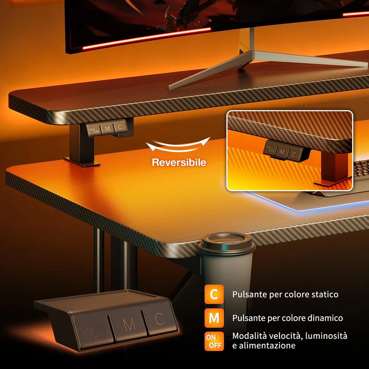 ODK Scrivania Gaming, 80cm Postazione Gaming con Luci LED, Tavolo Gaming con Supporto per Monitor, Scrivania Computer in Fibra di Carbonio Nera