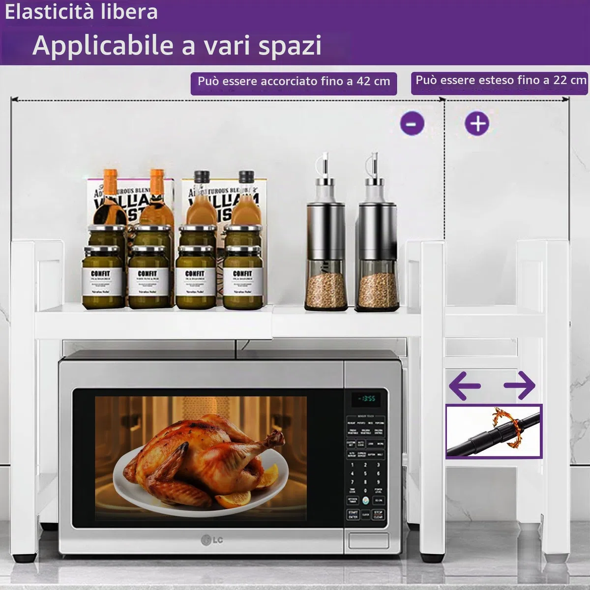devesanter Scaffale per microonde espandibile a 2 livelli, organizer per microonde con 5 ganci, scaffale da cucina, porta spezie, piano di lavoro, scaffalature per panettieri per dimensioni da 40-64