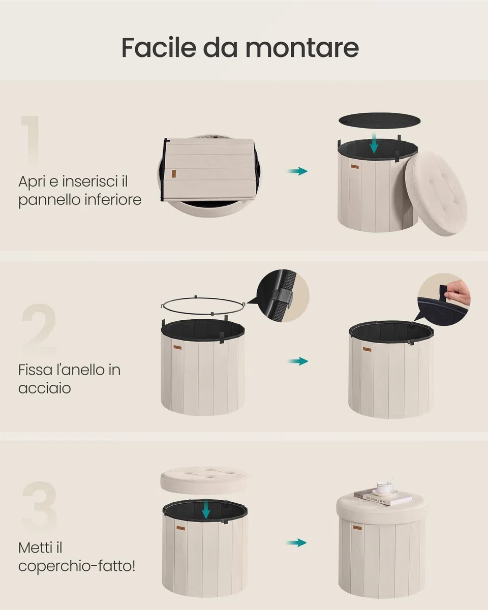 SONGMICS MAZIE Collezione - Pouf Contenitore Rotondo, Sgabello Poggiapiedi Pieghevole con Coperchio, Cassapanca, Montaggio Facile, Velluto per Camera, Soggiorno, Ingresso, Beige Cappuccino LSF608L01