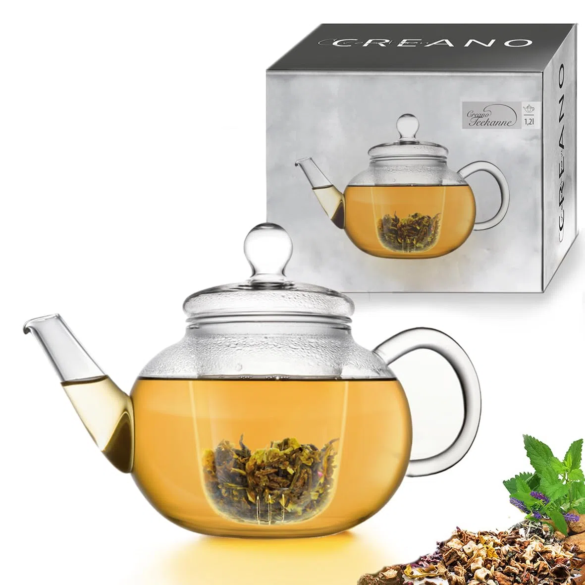Creano Teiera in Vetro 1,2 L con Filtro e Copercio in Vetro Integrato Antigoccia Elegante Teiera Trasparente per Tè e Infusi Regalo Perfetto