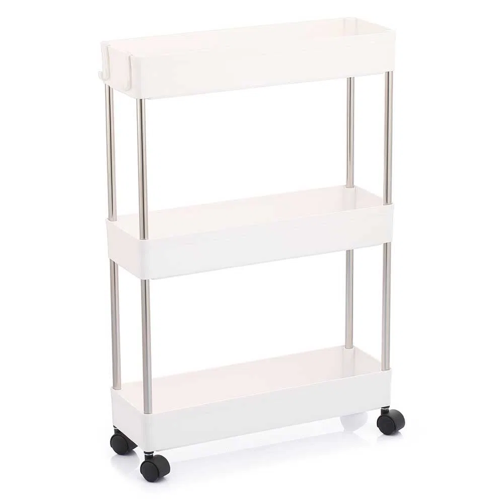 BAKAJI Carrello Carrellino Slim Stretto Sottile Salvaspazio Cucina Bagno Ripostiglio con Ripiani e 4 Ruote, Scaffale Portaoggetti Multiuso con Rotelle (3 Ripiani)