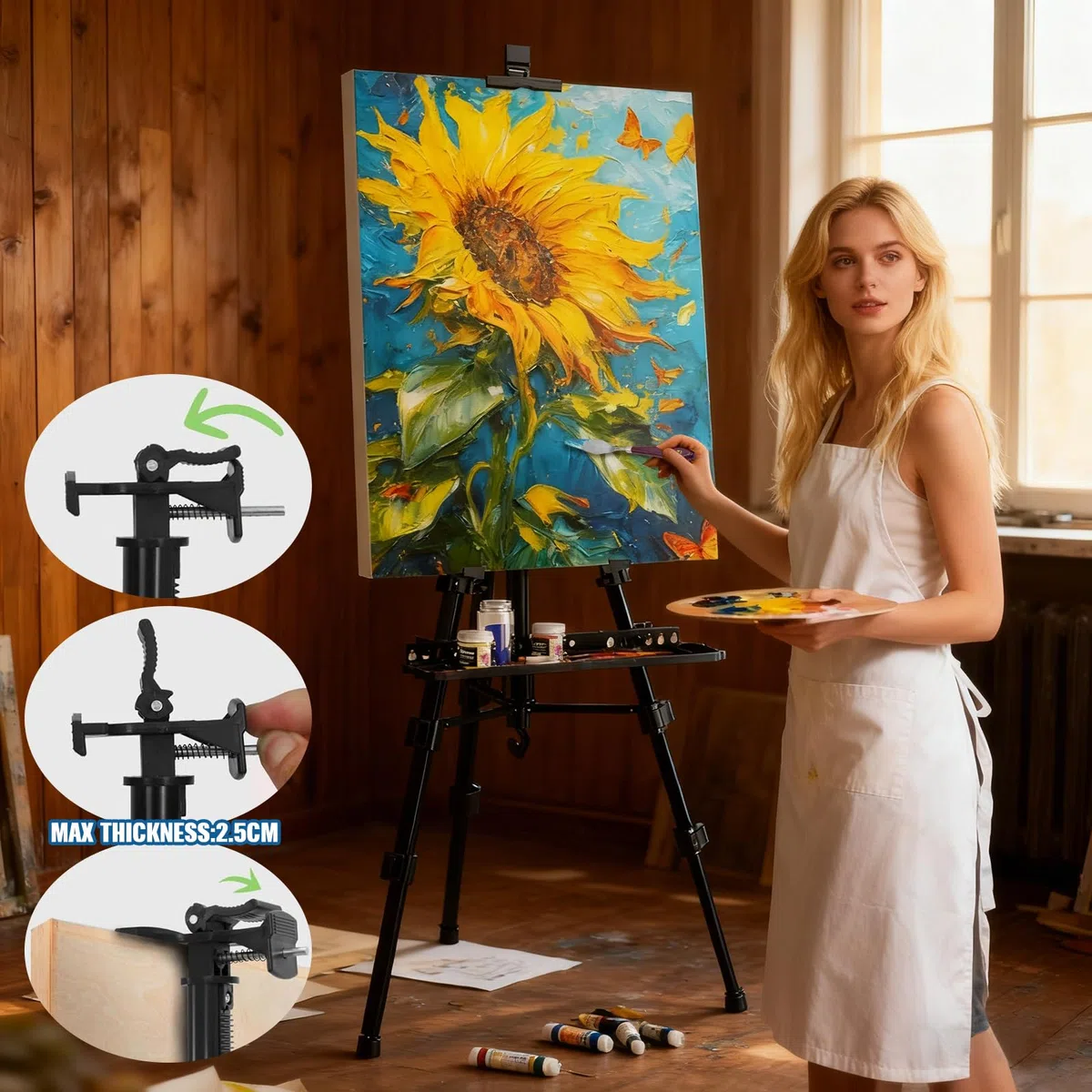 Cavalletto Pittura 50–157 cm con Manovella, Cavalletto da Studio e da Campo in Ferro, Treppiede Pieghevole Portatile con Borsa + Set 5 Spatole/Malmesser, per Acrilico Olio Acquerello