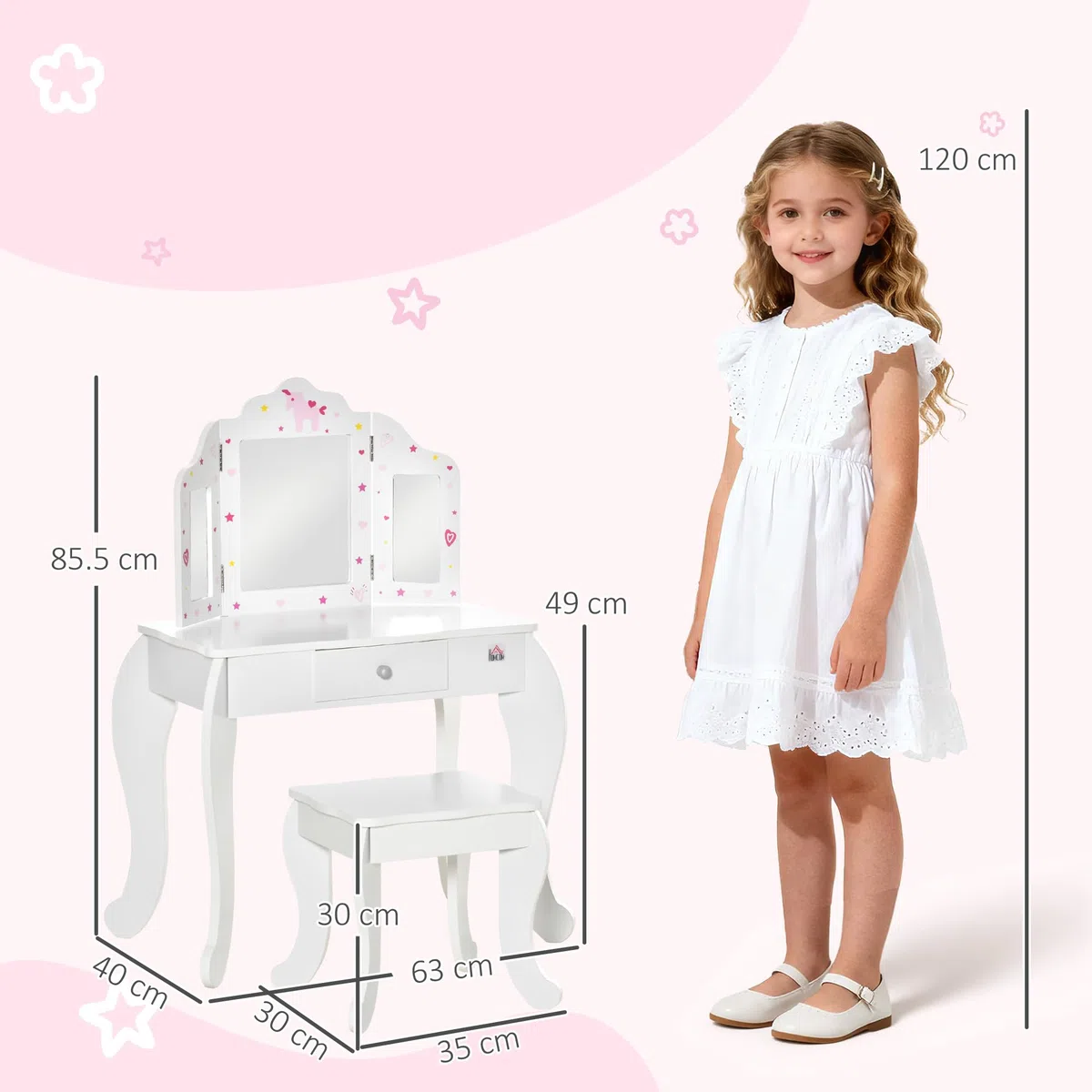 HOMCOM Tavolo da Trucco per Bambini con Sgabello 2 in 1 Scriniva in Legno e Triplo Specchio, Toeletta Trucco in MDF e Acrilico, 63x40x85.5 cm, Bianco e Rosa