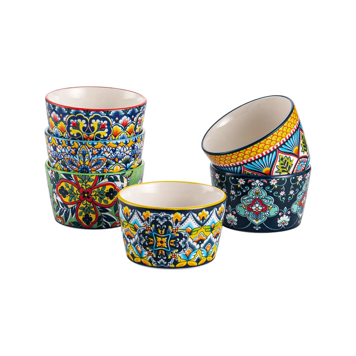 HENXFEN LEAD Coppette per crème brûlée da 120 ml, set di 6 stampini per soufflé in porcellana, mini pirofile colorate per deliziosi stufati, ragù e budini - stile bohémien.