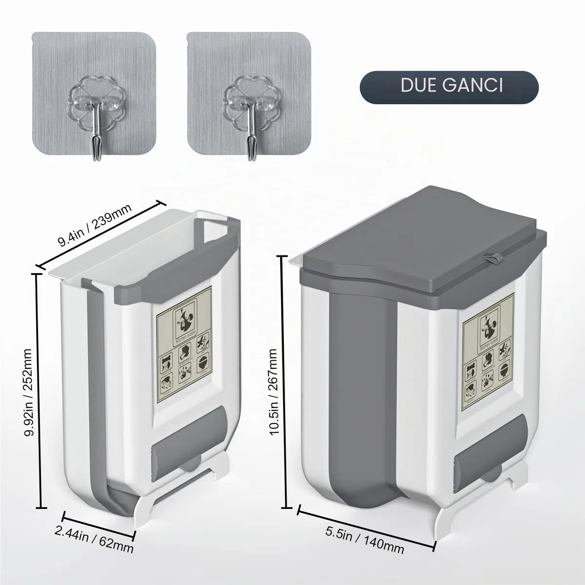 Gintan - Pattumiera pieghevole sospesa con coperchio, circa 9 l di capacità, per cucina, campeggio, auto, bagno, ufficio, camera da letto (grigio)