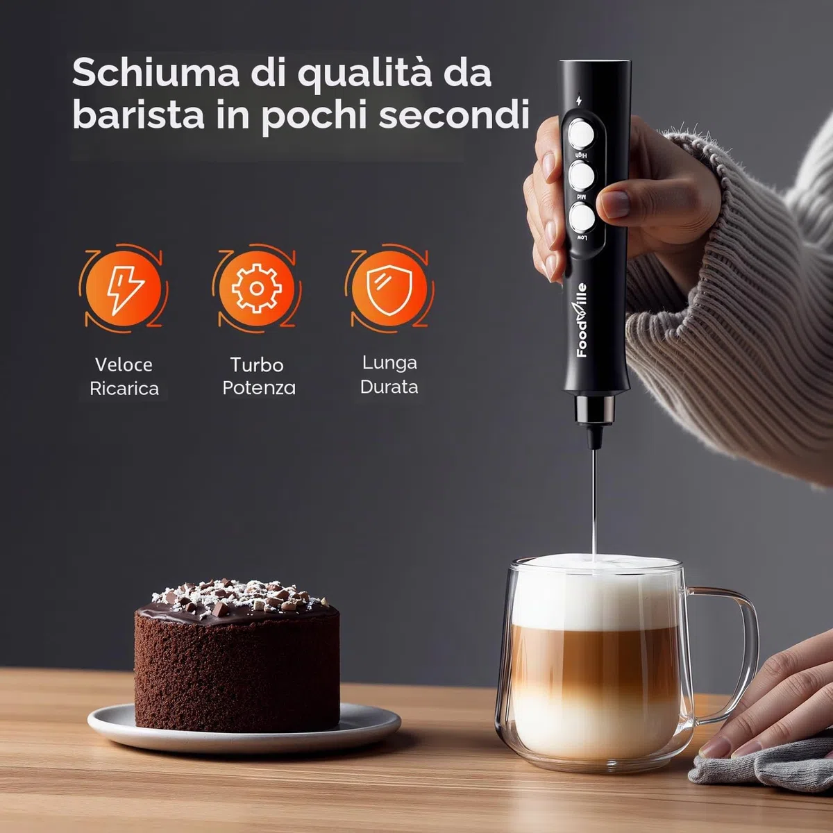 FoodVille MF02 Montalatte Elettrico USB Ricaricabile con Frusta Inossidabile per Cappuccino, Latte, Bulletproof Coffee, Dieta Cheto, Proteine in Polvere, Matcha