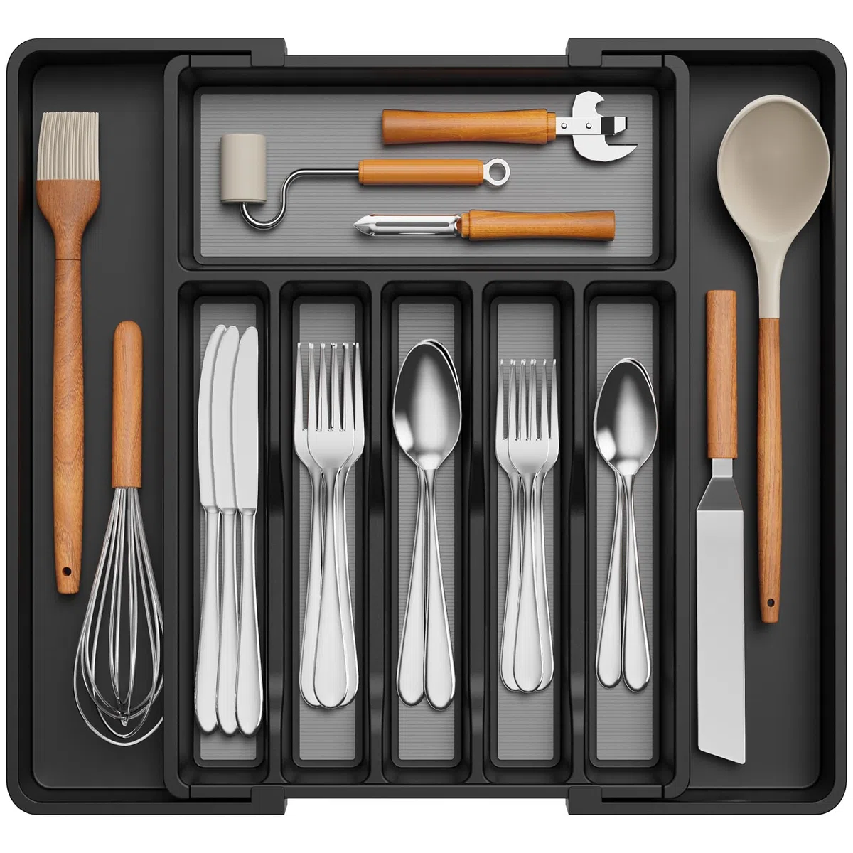 Lifewit Portaposate da Cassetto Espandibile, Larghezza 33-57 cm, Organizer Utensili per Cucina Salvaspazio, Accessori Cucina per Cucchiai, Forchette, Profondità 42,4 cm, con TPR Antiscivolo, Nero
