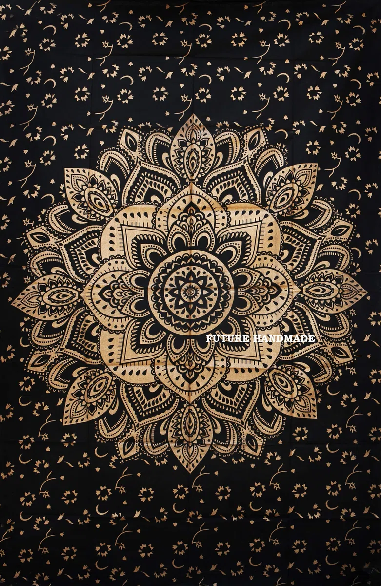 FUTURE - Arazzo fatto a mano, con mandala, colore: nero e oro, stile indiano