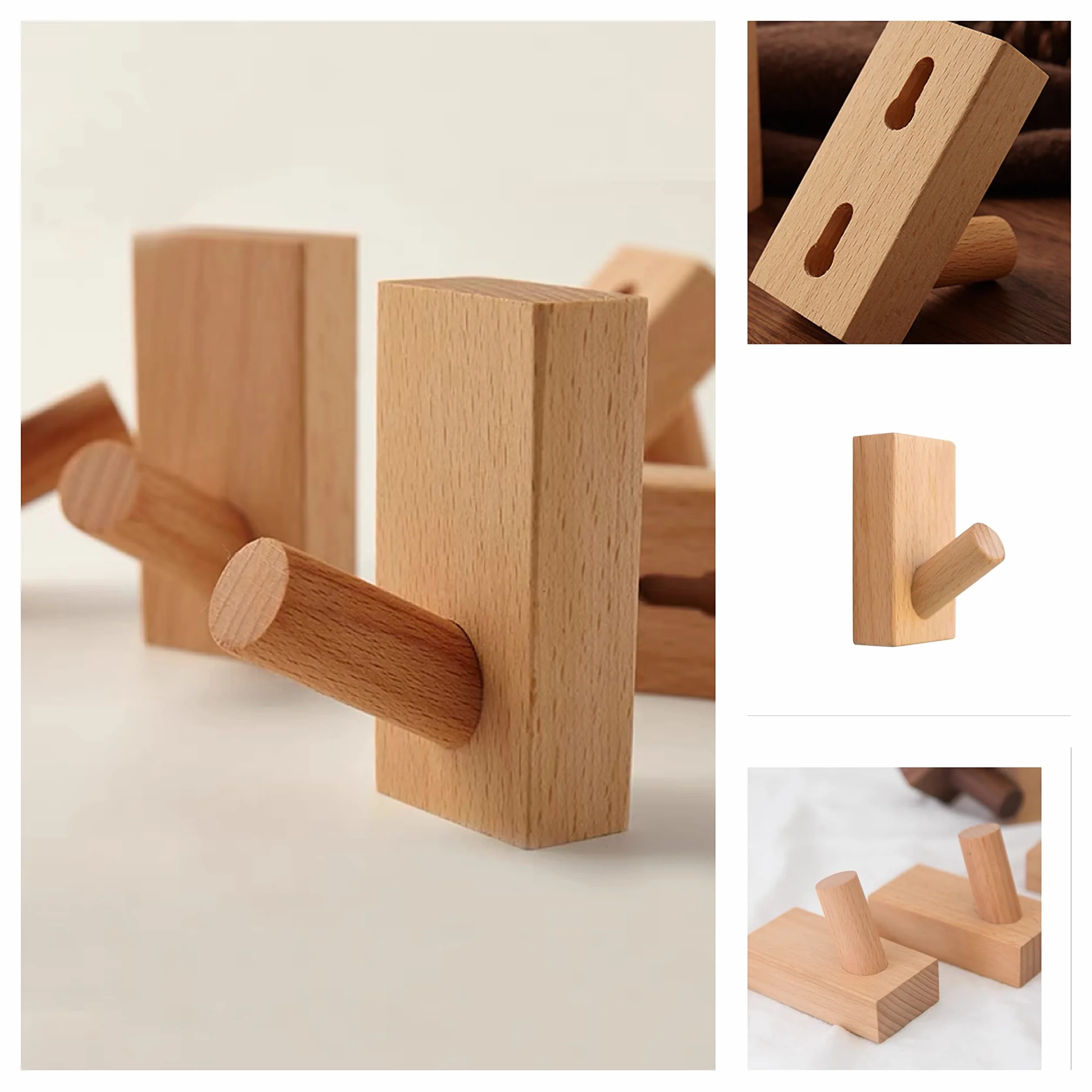 HomeDo Confezione da 4 ganci autoadesivi da parete in legno, appendiabiti decorativi in legno, ganci in legno, ganci per cappelli (Rettangolo Faggio- 4 pezzi)