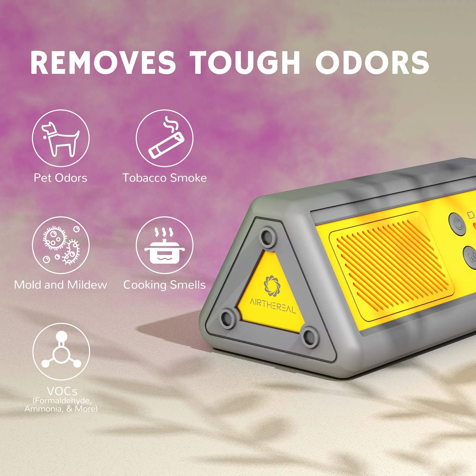 Airthereal PA1K-GO Generatore di Ozono Portatile – Eliminatore di Odori Senza Fili Alimentato a Batteria per Auto, Camera d’Hotel, Ufficio, Bagno e Altri Piccoli Spazi (Giallo/Grigio)