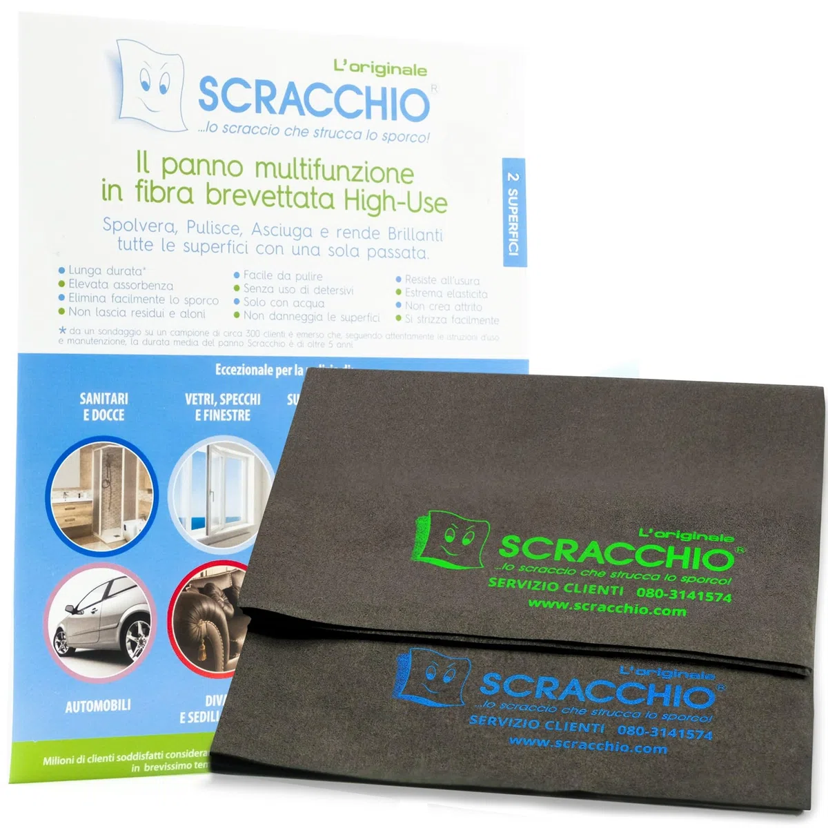 Scracchio L'Originale, il Panno Magico in Microfibra Brevettata con Durata +5 anni che pulisce Solo con Acqua. Panno multiuso, pulisci dai Vetri all'Acciaio con Zero Aloni, risultato Garantito. (2pz)
