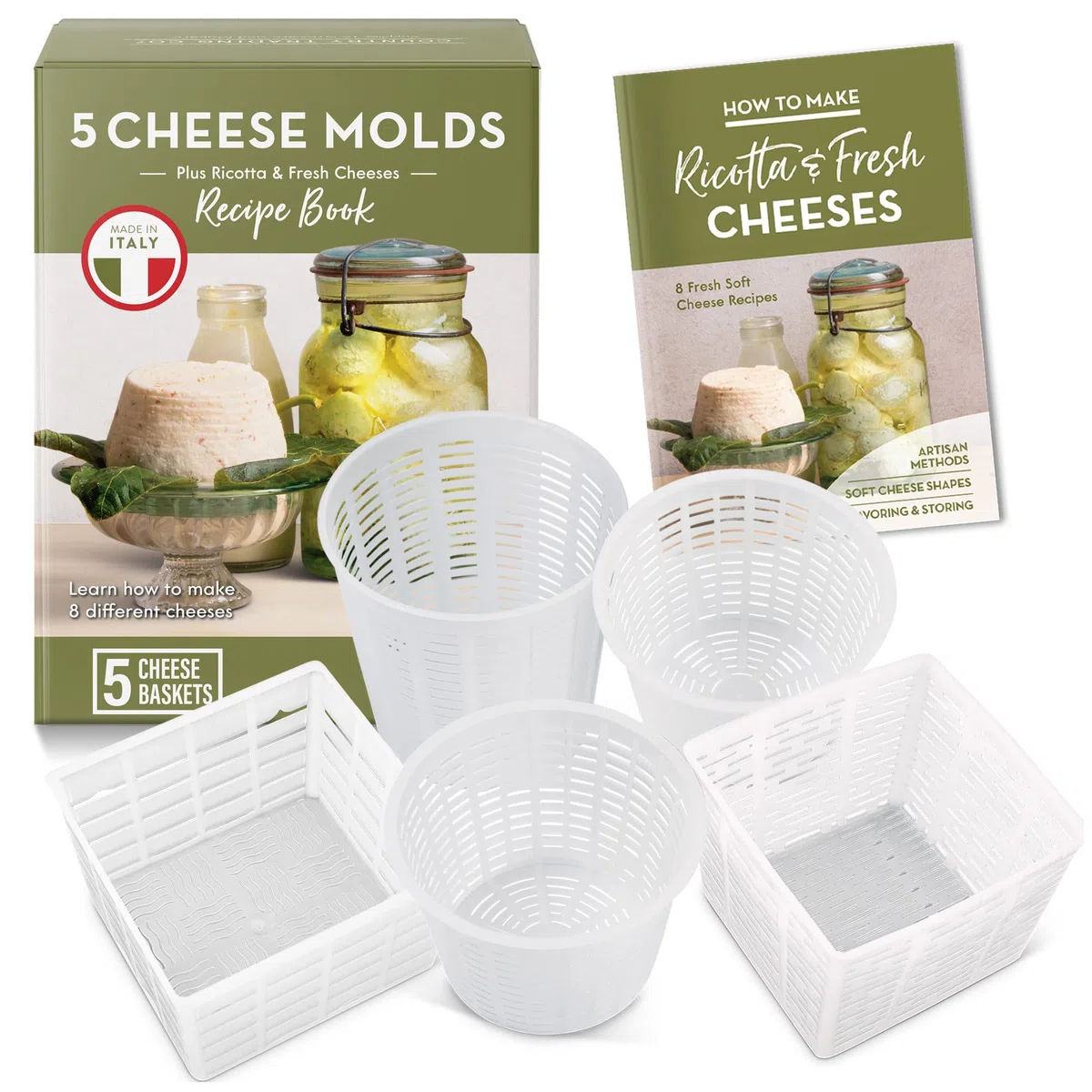 Easy Cheesemaking Kit,5 stampi per formaggi + libro per la produzione di formaggi,Made in Italy,Ricette per fare ricotta, paneer, quark e altro,Set di filtri professionali per formaggi