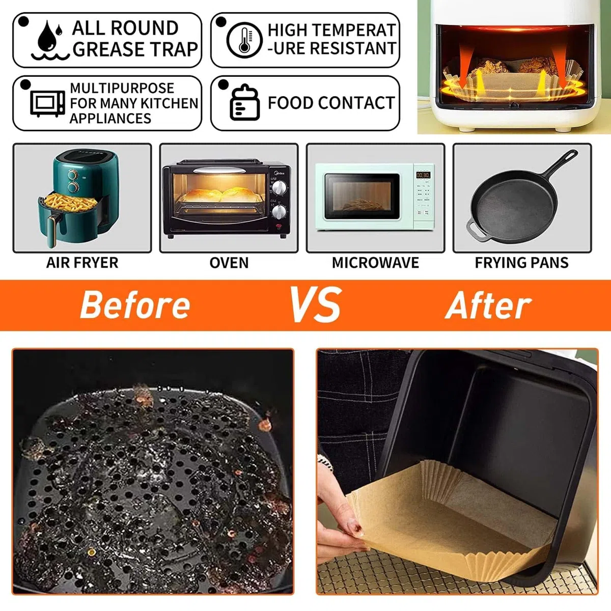 Carta forno per friggitrice ad aria 400 unità da 20-24 cm Quadrata. Adatto al friggitrice ad aria, da 5 a 8 litri. Carta Air Fryer certificata per uso alimentare BPA Free, FDA e LFGB