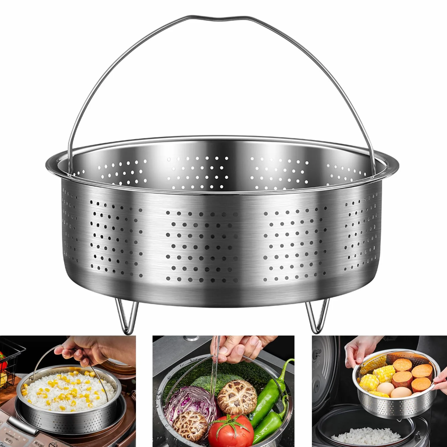 Inserto per cestello a vapore, in acciaio inox, per pentole, inserto a vapore, pentola con manico, per stufare verdure, frutta e uova (rotondo 20 cm)