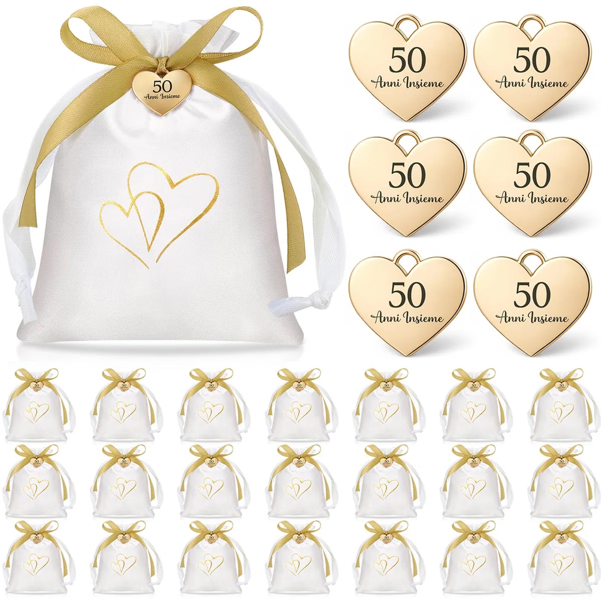 Otuuz 25 Set Bomboniere Matrimonio Sacchetti Bomboniere Sacchetti Regalo in Raso con Coulisse 50 Anni Insieme Ciondolo a Forma di Cuore in Oro e Nastro Regali per l'Anniversario Festa di Nozze