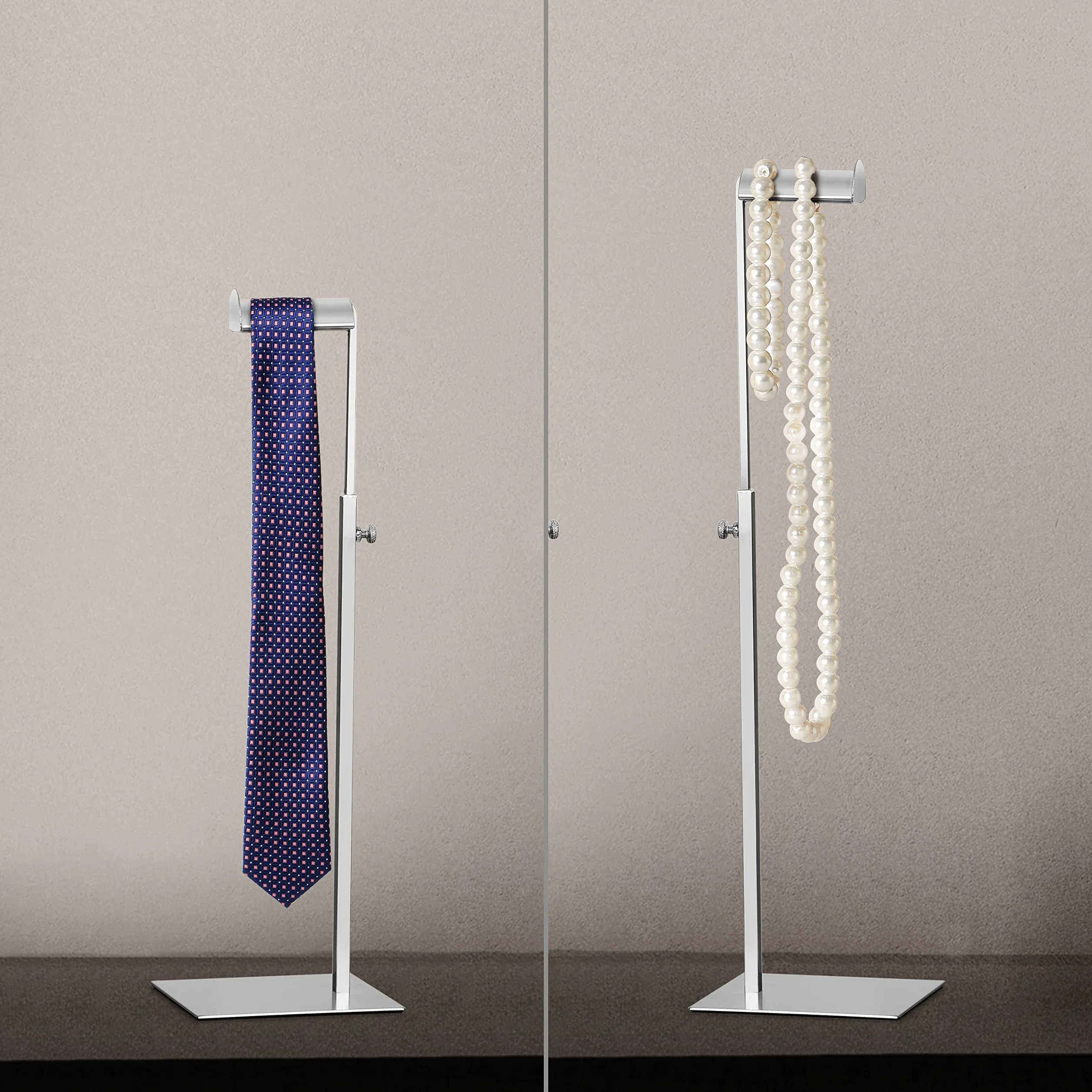 Porta Borse Regolabile [2pz] - Espositore da Terra per Borse e Gioielli, Supporto Borse in Acciaio Inossidabile - Altezza Regolabile, Base Stabile - Argento Metallizzato Lucido