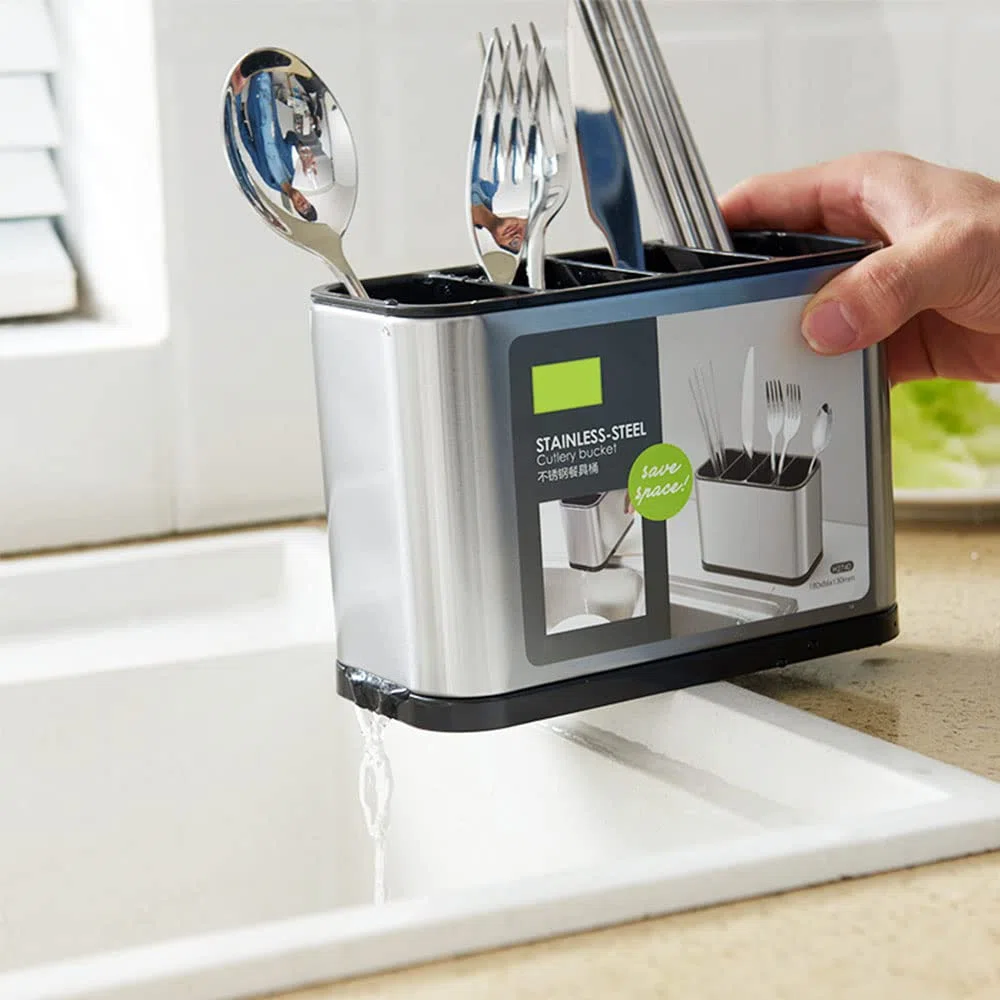 Portaposate Da Cucina, Scolaposate Da Lavello, Scolaposate Acciaio, Porta Posate da Tavola, 4 Scomparti, per Riporre Bacchette, Coltelli, Forchette, Ecc